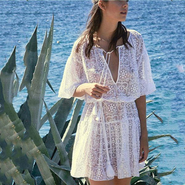 

bsubseach white see through swimwear cover up for women halfs sleeve summer beach holiday wear lace up tunic dress xf8408, Blue;gray
