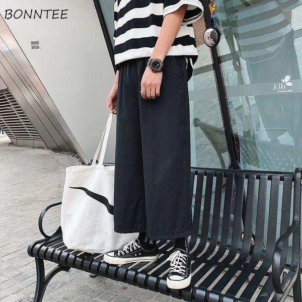 

men pants calf-length wide leg trousers leisure loose mens korean style solid thin breathable retro harajuku trendy chic ulzzang, Black