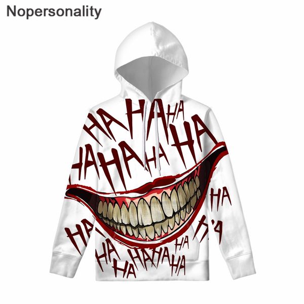 

nopersonality funny joker smile men's swearshirts long sleeve drawstring hoodie teenager punk style skull print autumn pullover, Black