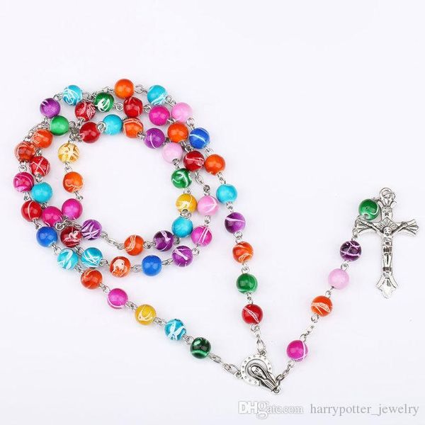 

colorful polymer clay bead rosary pendant necklace cross virgin mary centrepieces christian catholic religious hip hop jewelry dropship, Silver