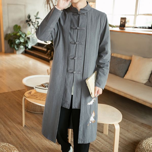 

linen men big linen trench chinese style fat guy plus size men's casual long-sleeve coat x-long turn-down collar, Tan;black