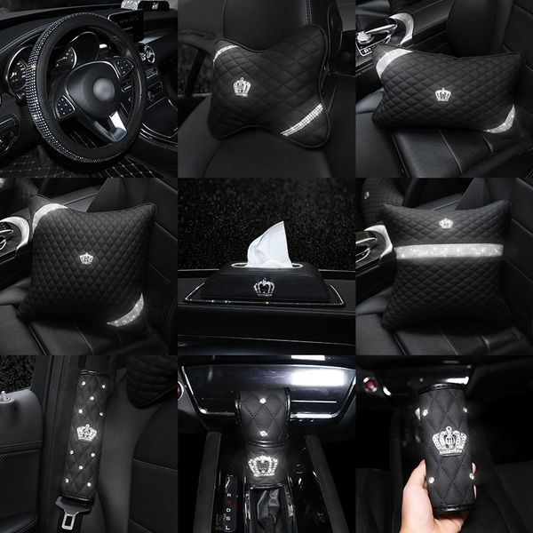

diamond crown leather car seat interior accessories steering wheel covers headrest neck crystal handbrake gear shift cover women