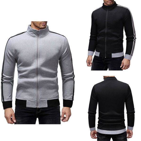 

sports men's warm hoodie fleece hooded jacket casual side stripe turtleneck zipper sweatshirt gym pullover coat, Black;brown
