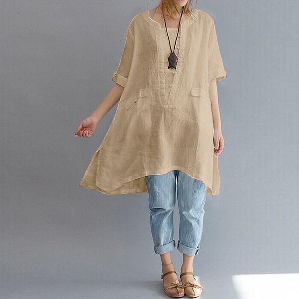 

summer blouse womens summer 2019 women cotton 100% cotton linen short sleeve party baggy split hem solid irregular hem shirt, White