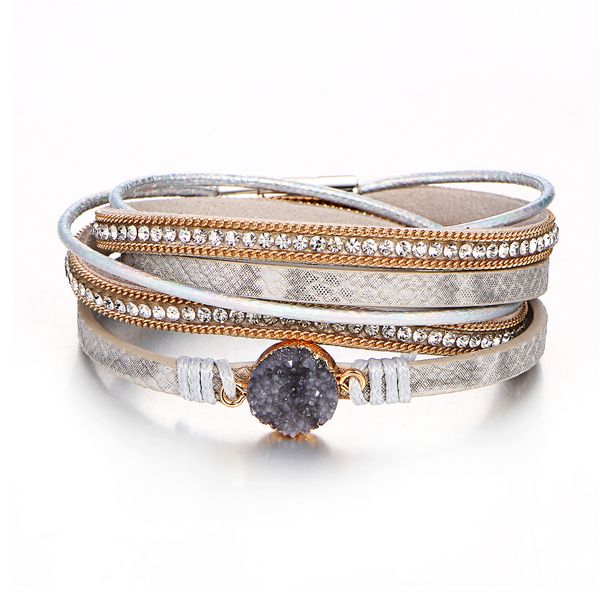 

2019 boho adjustable multiple layer bracelets bangles for women silver faux leather resin bead crystal fashion bracelet jewelry, Black