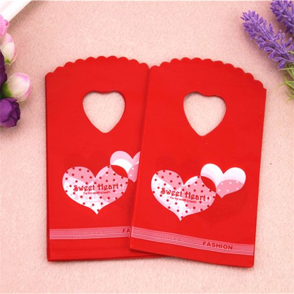 

new design wholesale 50pcs/lot 9*15cm small red wedding candy packaging double sweet heart plastic mini gift bags