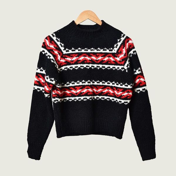 

women sweater 2019 autumn and winter new temperament round neck famous style wind jacquard wool sweater, White;black