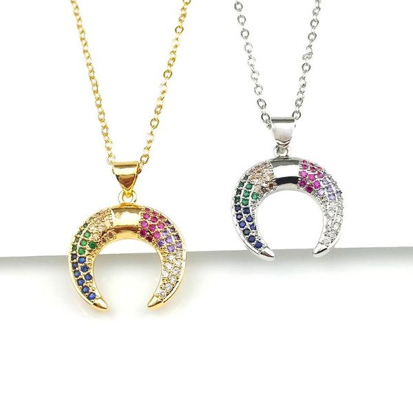 

cz rainbow crescent horn necklace women plated gold jewelry gifts 24k gold crescent moon pendant necklace zircon collar de mujer, Silver