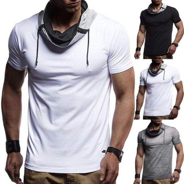 

men sporty short sleeve color block turtle neck t-shirt drawstring slim blouse drawstring solid color slim and fit great gifts, White;black