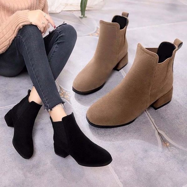 

women autumn winter flock ankle boots slip-on round toe med square heel solid casual lady black/camel booties size 35-41 6o0272