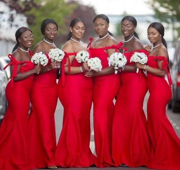 

stunning red mermaid african bridesmaid dress off the shoulder plus size designer satin bridesmaid prom evening party dresses, White;pink