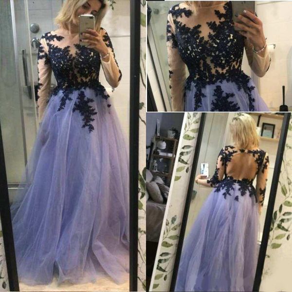 

customized floor-length backless prom dresses long sleeve 2020 elegant tulle a line formal women party gowns lace appliqued evening dress, Black