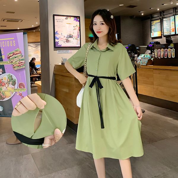 

maternity summer nursing dress short sleeve turn-down collar zipper breastfeeding dress office lady elegant lactation, White