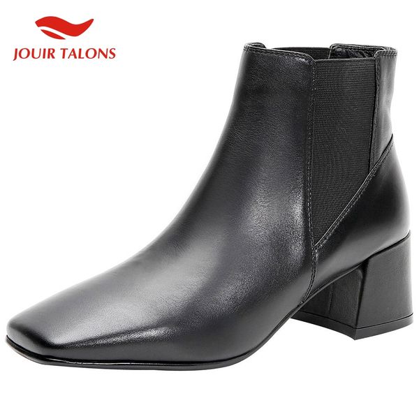 

jouir fashion new genuine cow leather chunky heels ankle boots women shoes square toe black shoes woman boots