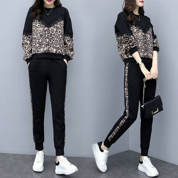 

2 piece set women leopard spliced sweatshirt pants tracksuit women outfits ubrania damskie abbigliamento donna conjunto femenino, White