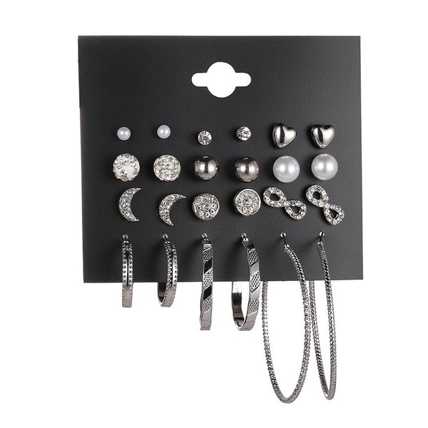 

12 pairs / set big ear ring moon star earring set dripping alloy stud earrings with rhinestones women's pearl earrings, Golden;silver