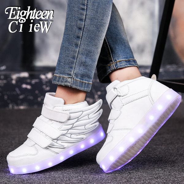 

size 25-37 led slippers usb charging luminous sneaker with wings kids led shoes children with light sole girl&boy sneakers, Black;red