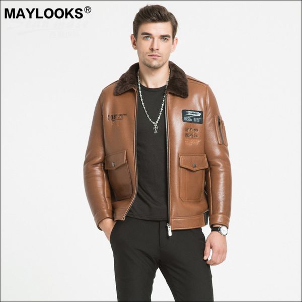

maylooks 2019 autumn and winter new eco skin and fur sheep skin men's real leather jacket, air service fashion, fashionable ws95, Black