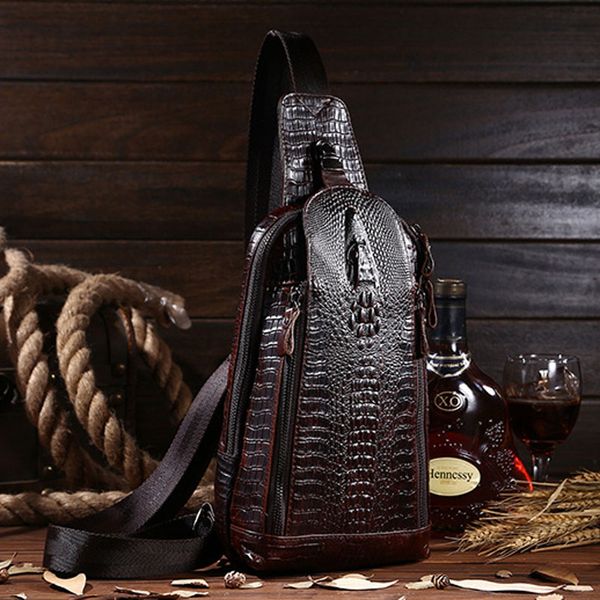 

men vintage genuine leather shoulder messenger bag first layer cowhide crocodile grain head sling chest pack casual bags