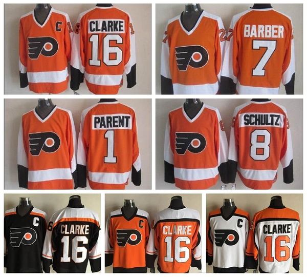 

men 16 bobby clarke jersey philadelphia vintage 1 bernie parent 7 bill barber 8 dave schultz stitched hockey white black, Black;red