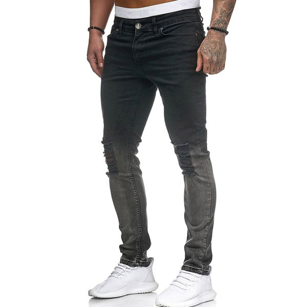 

мода мужчины рваные узкие джинсы стрейч разрушенные потертые slim fit джинсовые брюки с молнией карандаш брюки брюки, Blue