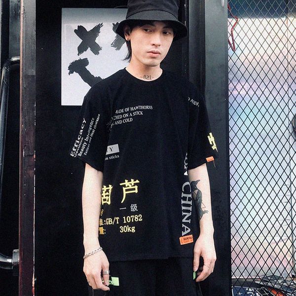 

2019 homens harajuku camiseta caracteres chineses impressão hip hop streetwear tshirt verão camisetas de algodão de manga curta, White;black