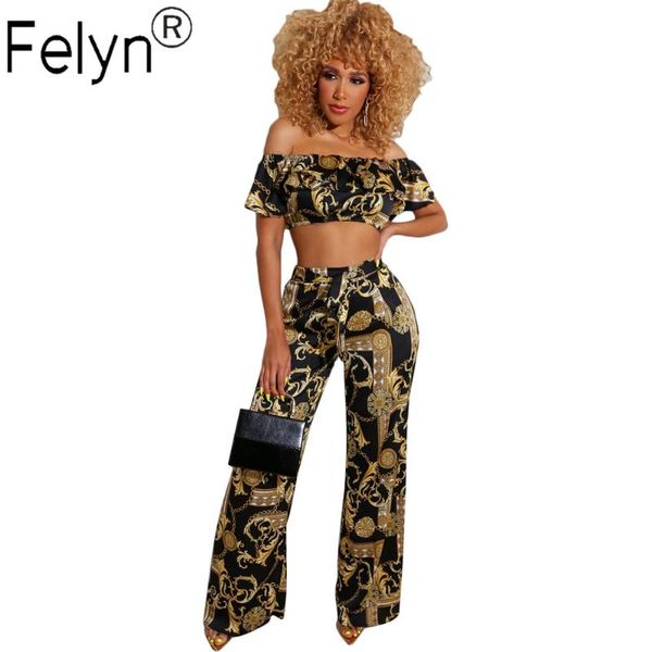 

felyn 2020 fashion design 2 pieces jumpsuits luxury print ruffles off shoulder summer night club party rompers, Black;white