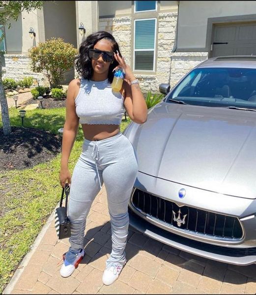 

women set two pieces sets tracksuits sleeveless crop t-shirt & skinny stacked leggings pants suit fitness outfits matching set, White