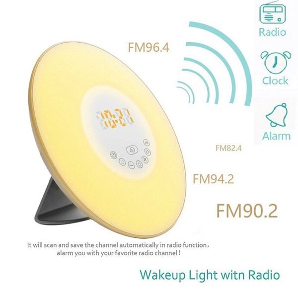 

wake up lights with fm radio colorful light snooze mode nature sound touch sensing digital alarm clock sunrise sunset led