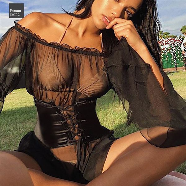 

2019 талии тонкого платье mesh лоскутных женщин платье lacework оборки flare рукав ночного клуб платья повязка плечо платье, Black;gray