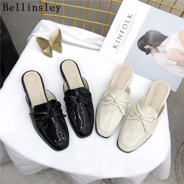 

summer women sandals slippers patent leather bowtie women mules round toe flats outside slippers slides casual footwear, Black