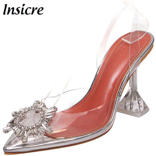 

insicre pvc women sandals wine glass heel 7 cm crystal buckle female high heels shoes dress fashion 2020 summer transparent, Black