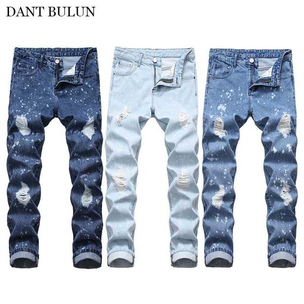 

mens jean skinny casual slim fit straight ripped hole jeans dot printed designer pencil pants casual denim trousers fashion blue
