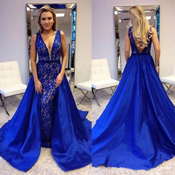 

2018 Royal Blue Lace Evening Dresses New Coming Long V Neck Backless Pageant Party Gowns Elegant Beautiful Prom Dress