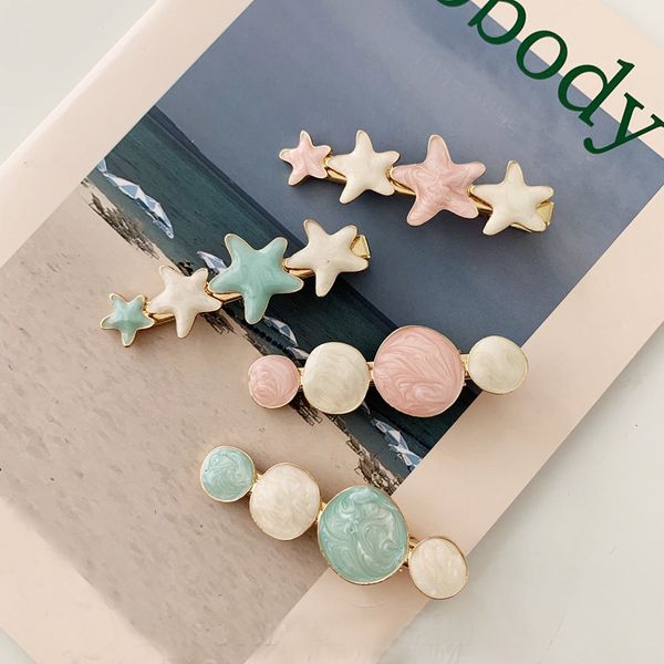 

women fashion round star hair accessories barrettes hairpins colorful enamel heart flower hair clips ornament girls jewelry, Golden;white