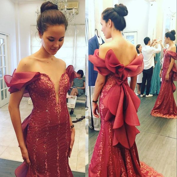 Estilo Vermelho Saudita escuro Prom Dress Mermaid Dubai Evening Vestidos Off Shoulder Zipper Voltar Custom Made Vestidos Formal