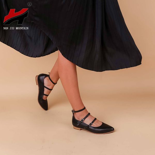 

nan jiu mountain 2020 flat shoes women single shoes pointed women's fashion buckle roman leather spring autumn, Black