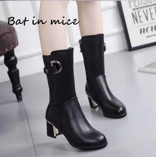 

special women snow boots pu leathe high heels winter warm shoes women zipper casual mid-calf boots mujer woman w016, Black