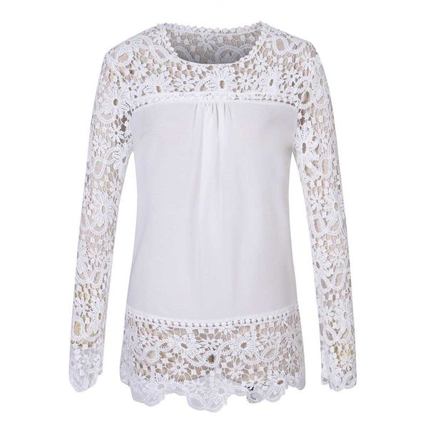

women blouses long sleeves lace hollow out chiffon blouse casual blusa feminina stylish femme shirts plus size 5xl, White
