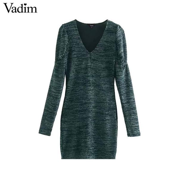 

vadim women stylish solid sheath mini dress v neck long sleeve stretchy female silm fit party design dresses vestidos qd206, Black;pink