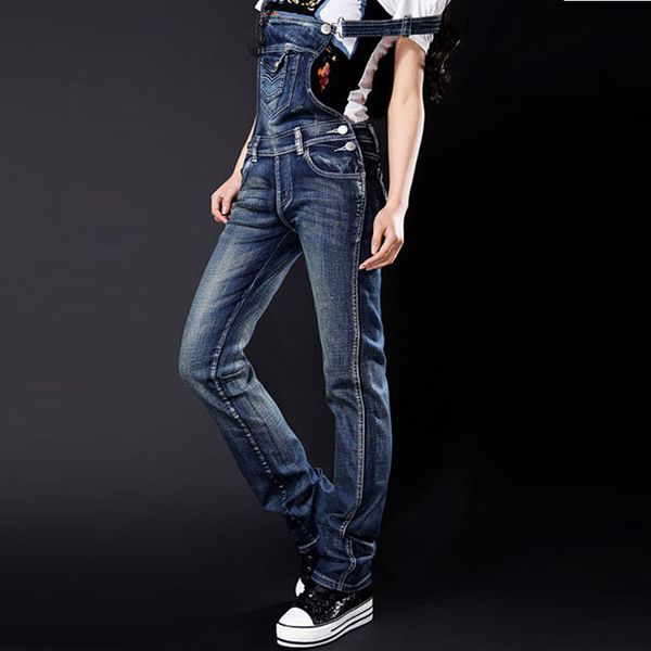 

european style boyfriend women denim overalls high waist straps jumpsuit female girl loose jeans straight pants, Blue