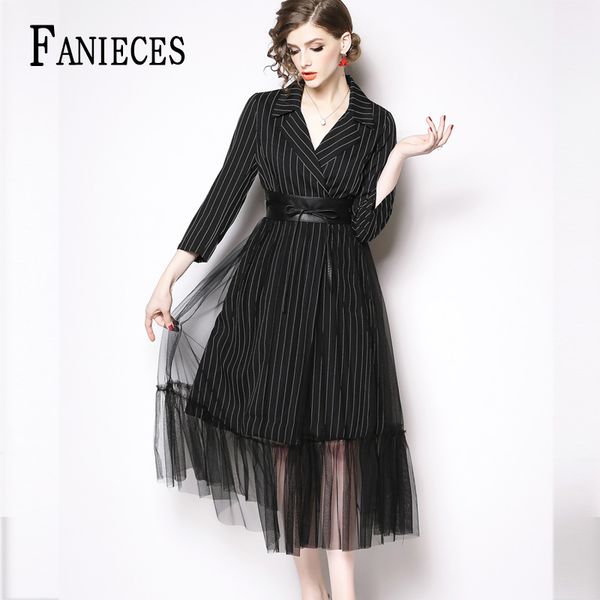 

new striped business dress women long-sleeved mid-length summer autumn casual office ladies' a-line dresses formal femme robe, Black;gray