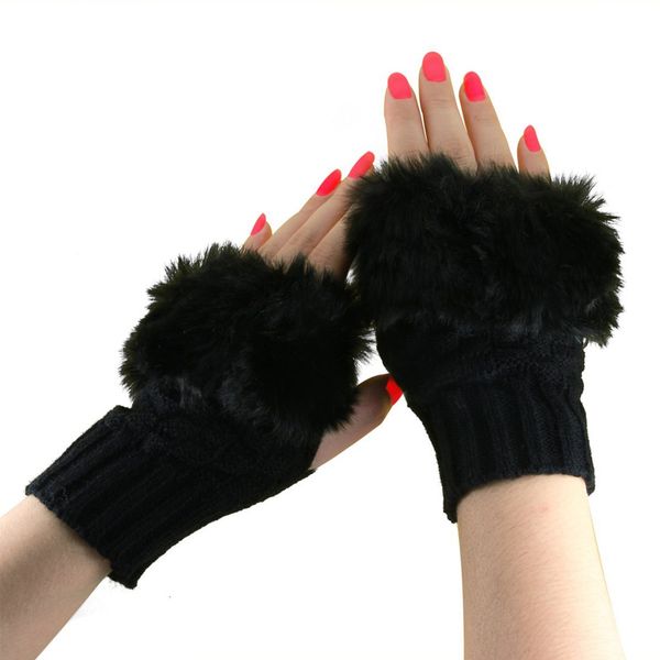 

n fashion winter women gloves plush faux fur knitting wool keep warm short mitten fingerless lady girl half finger glove vk-ing, Blue;gray
