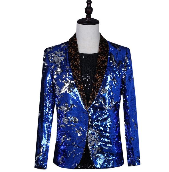 

2019 new night bar stage dj performance clothing male singer two-color colorful sequins slim suit costumes, White;black