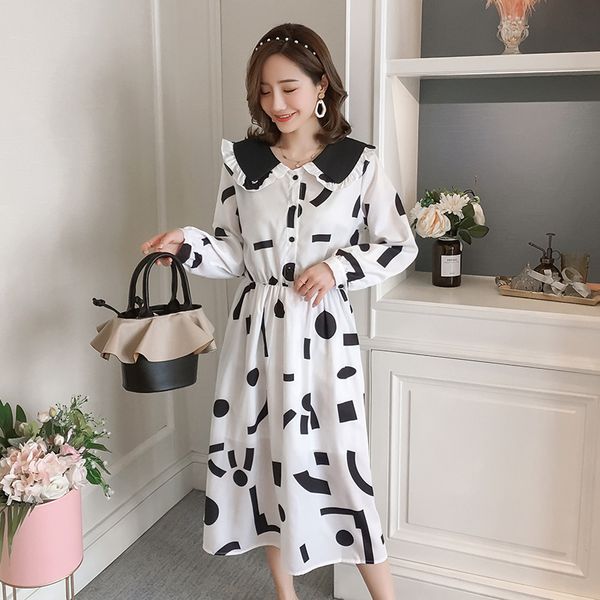 

peter pan collar long sleeves maternity autumn nursing dress vintage button breastfeeding pregnant women lactation dresses, White