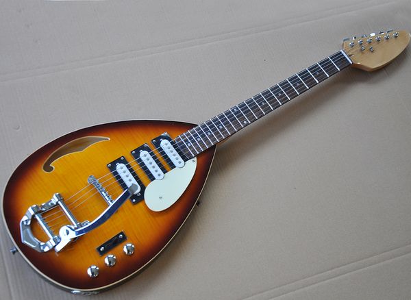 Frete grátis tobecco guitarra semi oca Sunburst elétrico com tremolo bar, fretboard de pau-rosa, chama bordo verniz, pode ser personalizado