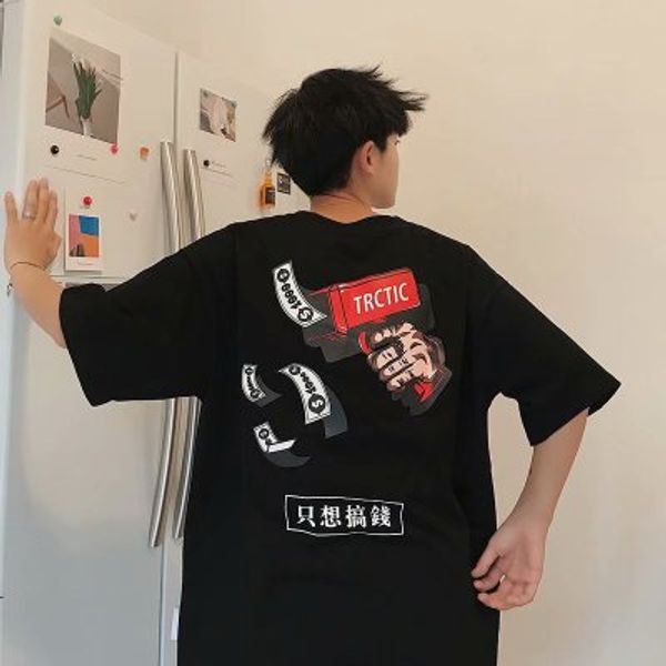 

ins super fire harajuku style jacket hip hop short-sleeved t-shirt male loose couple five-point sleeves clothes, White;black