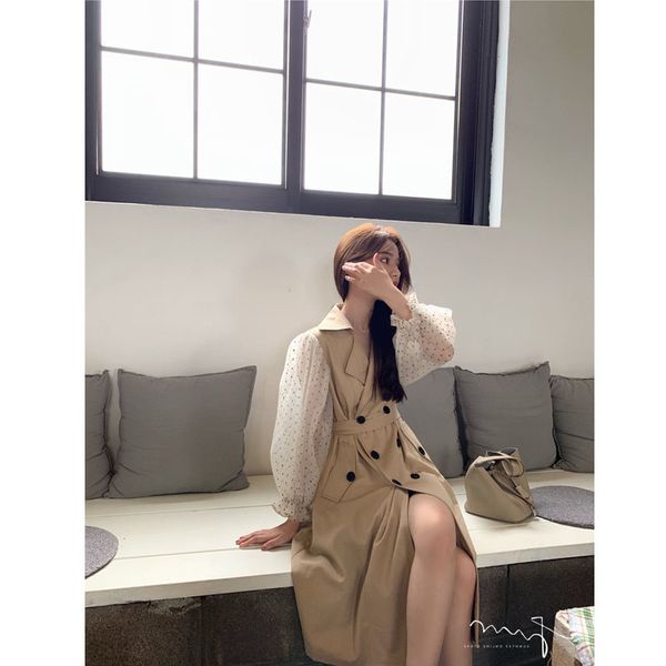 

2019 new fashion women's french lantern sleeve trench coat double-breasted tide, Tan;black