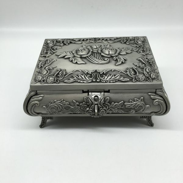 

vintage fancy silver metal jewelry box with velvet lining