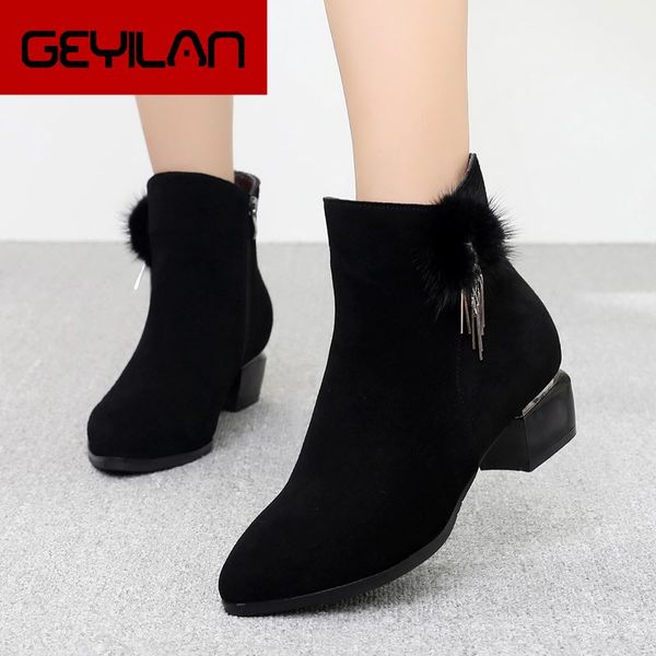 

women's boots black ankle boots for woman thick high heel round toe winter genuine leather shoes